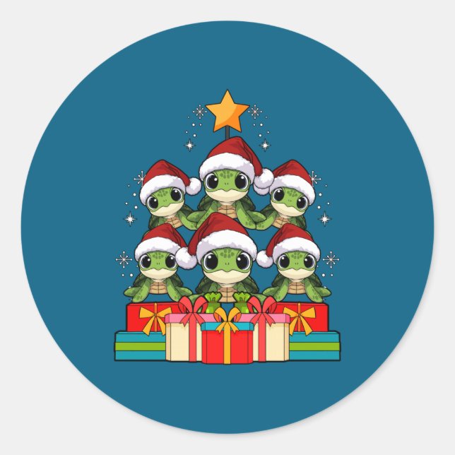 Cute Sea Turtle Le Ocean Christmas Tree Xmas Hat L Runder Aufkleber (Vorderseite)