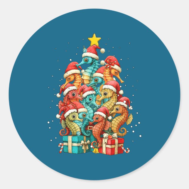 Cute Seahorse Le Sea Fish Christmas Tree Xmas Hat  Runder Aufkleber (Vorderseite)