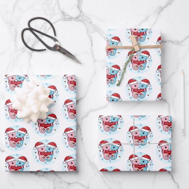 Cute Seahorses Christmas Wrapping Paper Sheets Geschenkpapier Set (Vorderseite)