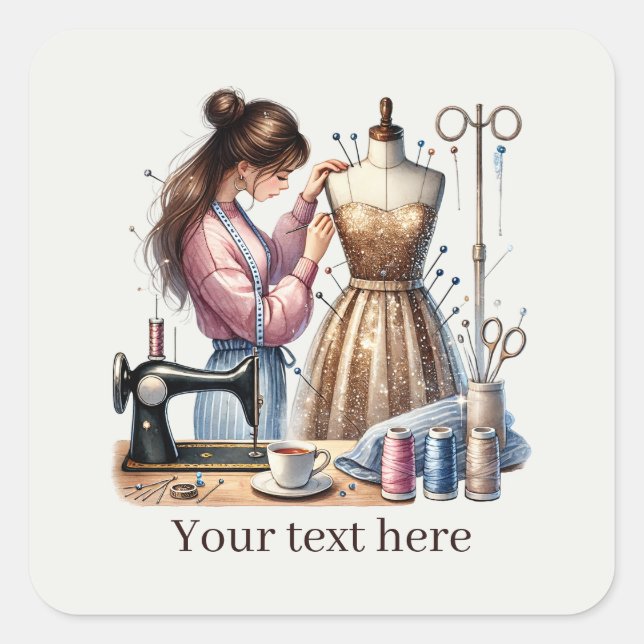 Cute sewing lovers add text  quadratischer aufkleber (Vorderseite)