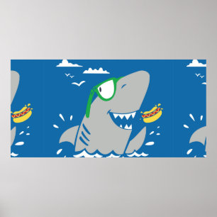 Cute shark cartoon vintage eating a hot dog on blu poster