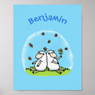Cute sheep friends and butterflies cartoon poster