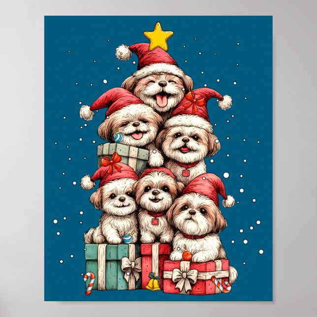 Cute Shih Tzu Le Dog Christmas Tree Xmas Hat Long  Poster (Vorne)