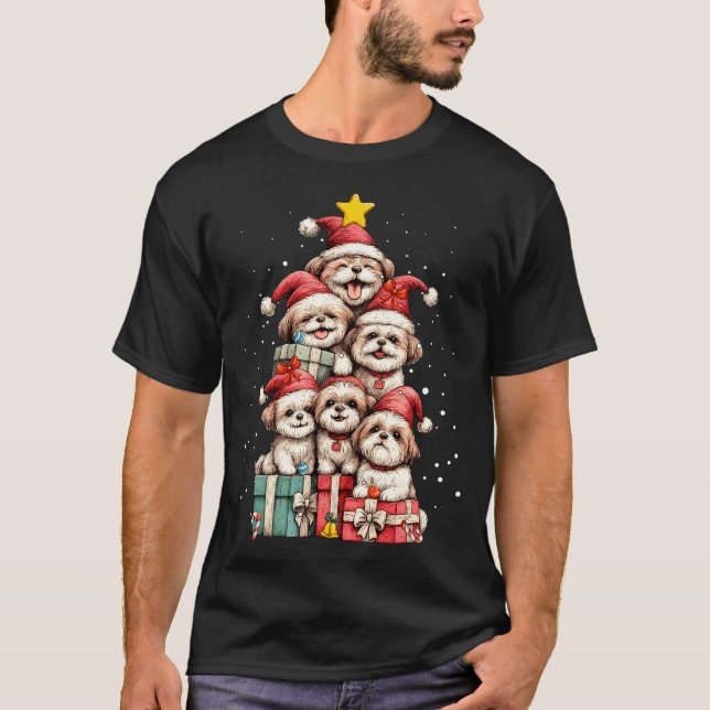 Cute Shih Tzu Le Dog Christmas Tree Xmas Hat Long  T-Shirt (Vorderseite)