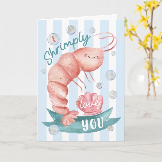 Cute Shrimp Valentine’s Card – I Shrimply Love You Karte (Gelbe Blume)