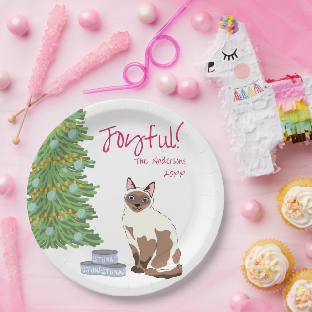 Cute Siamese Cat with Tuna Joyful Christmas  Pappteller (Party)