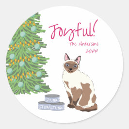 Cute Siamese Cat with Tuna Joyful Christmas Runder Aufkleber