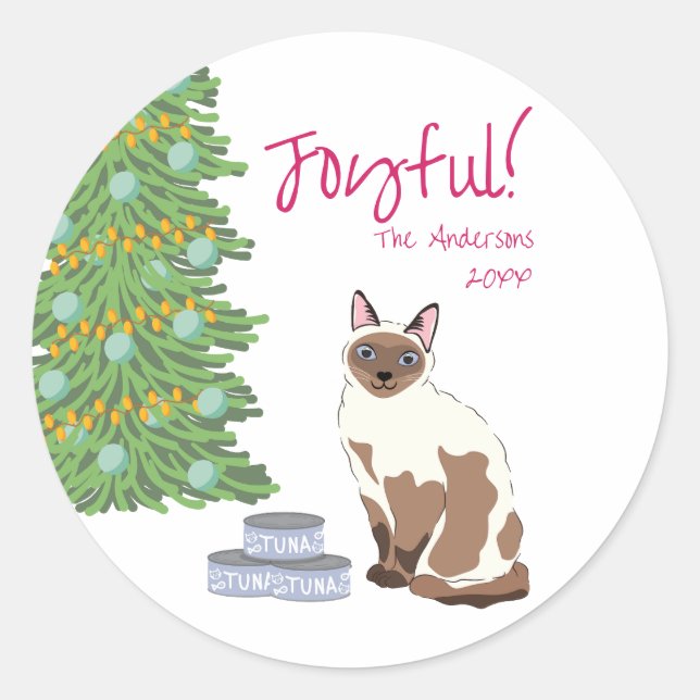 Cute Siamese Cat with Tuna Joyful Christmas  Runder Aufkleber (Vorderseite)