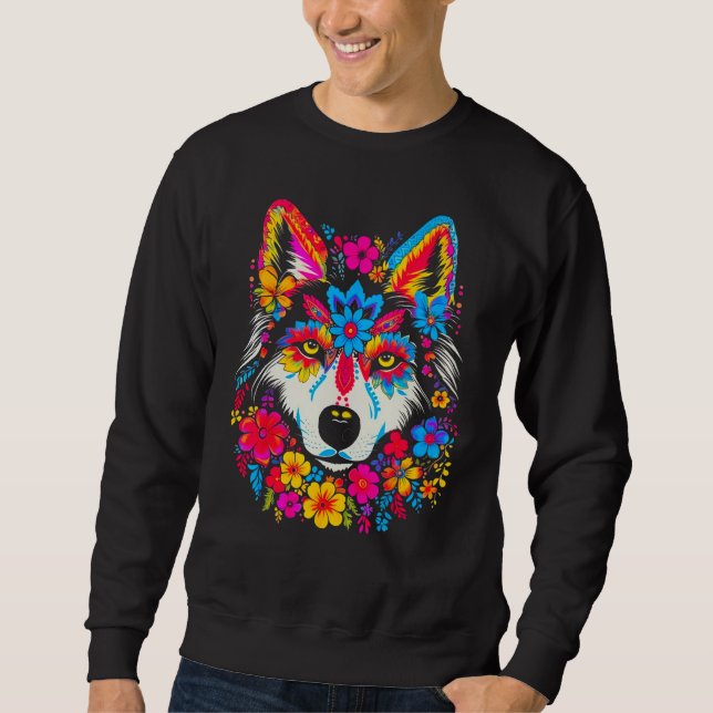 Cute Siberian Husky Dog Flowers Sweatshirt (Vorderseite)