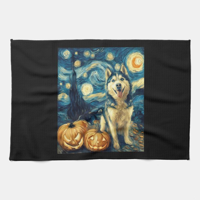 Cute Siberian Husky Dog Halloween Jack O Lantern P Geschirrtuch (Horizontal)