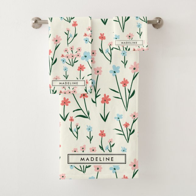 Cute Simple Botanical Pink Blue Flower Floral Badhandtuch Set (Insitu)