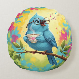 Cute Singing Blue Bird Round Pillow  Rundes Kissen
