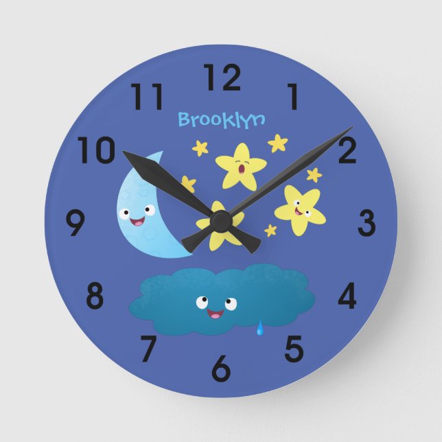 Cute singing stars, moon and cloud cartoon round c runde wanduhr (Vorderseite)