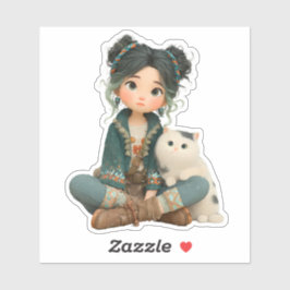 Cute Sitting Girl with Cat – Cozy Character Sticke Aufkleber
