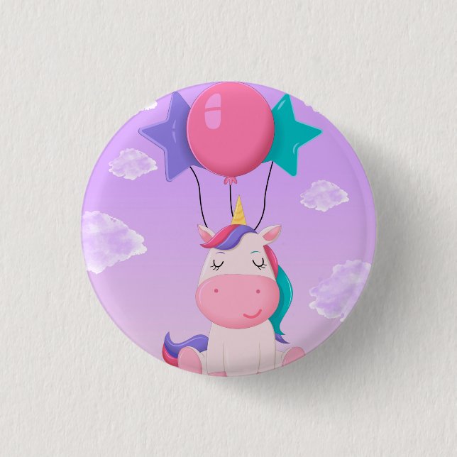 Cute Sitting Unicorn and Balloons Lilac Button (Vorderseite)