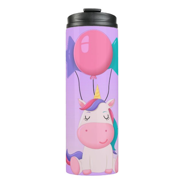 Cute Sitting Unicorn and Balloons Lilac Thermosbecher (Vorderseite)