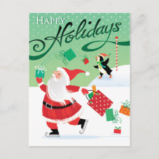 Cute Skating Santa Happy Holidays Postcard Feiertagspostkarte