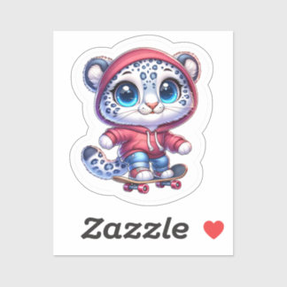 Cute Skating Snow Leopard Stickers Aufkleber