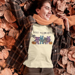 Cute Skeleton Animals and Pumpkins Halloween T-Shirt<br><div class="desc">This Halloween graphic tee is brimming with cuteness. It features illustrations of cute stuffed animals with some of their skeletons showing for a slightly spooky look along with some patched plush pumpkins. There’s a bat, a bear, a cat, a dog and a rabbit. The animals and pumpkins are in shades...</div>