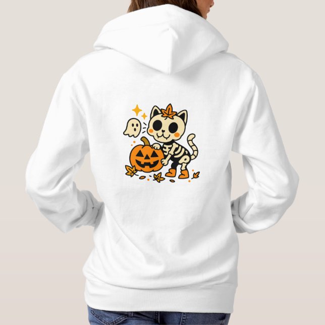 Cute Skeleton Cat with Pumpkin T-Shirt Hoodie (Rückseite)