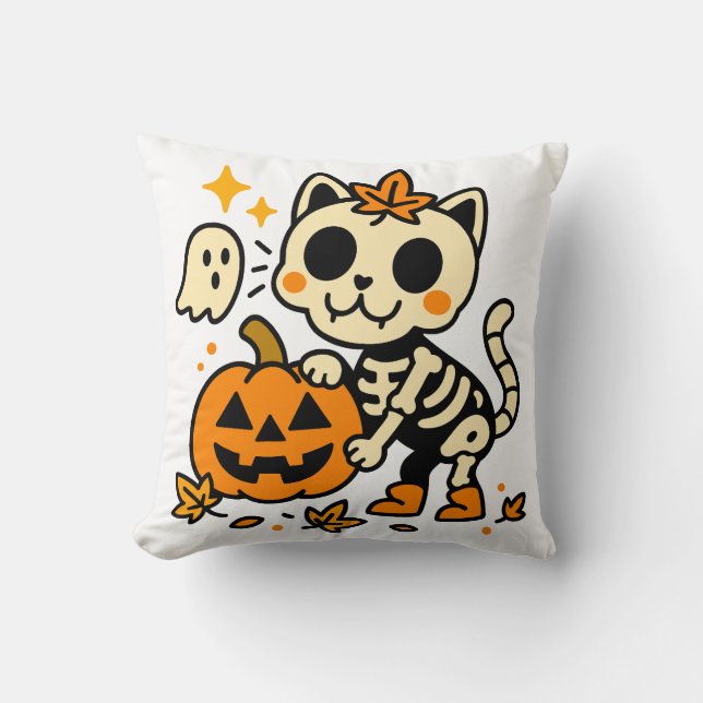 Cute Skeleton Cat with Pumpkin Throw Pillow Kissen (Vorderseite)