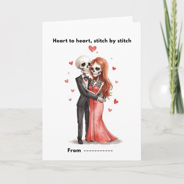 Cute Skeleton Couple Stitched Heart Valentine Card Karte (Vorderseite)