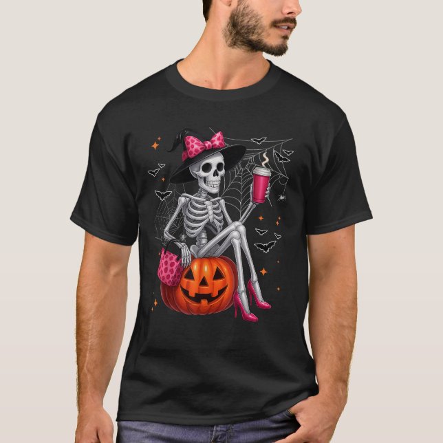 Cute Skeleton Drinking Coffee Lover Halloween Cost T-Shirt (Vorderseite)