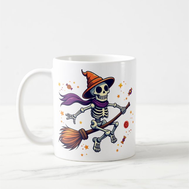 Cute Skeleton Riding Broom Halloween Mug Kaffeetasse (Links)
