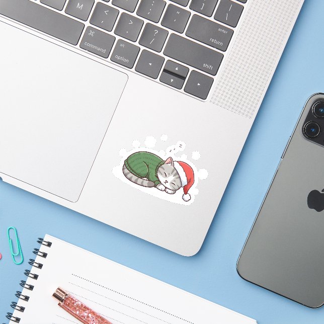 Cute Sleeping Cat Christmas Sticker & Magnet (Laptop mit iPhone)