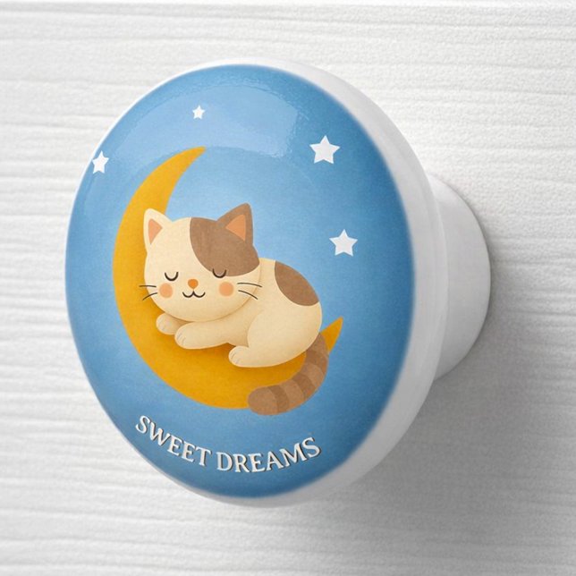 Cute Sleeping Cat on Moon Sweet Dreams  Keramikknauf (Personalized nursery of child bedroom ceramic knob with cute kitten sleeping on the moon )