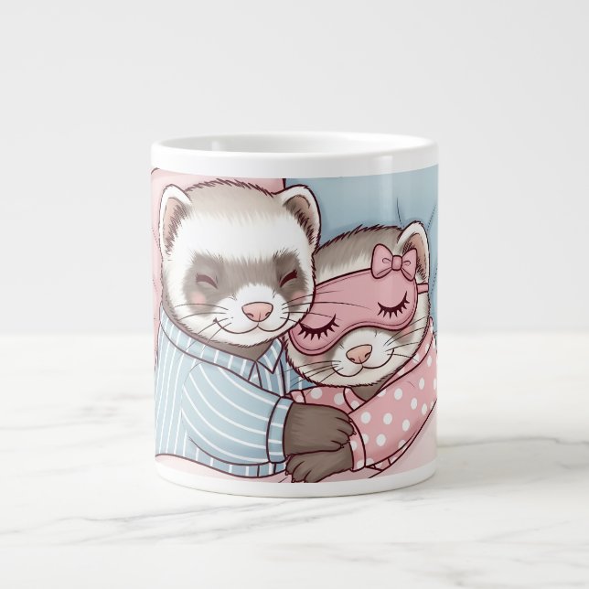 Cute Sleeping Ferret Couple in Pajamas Love Mug Jumbo-Tasse (Vorderseite)
