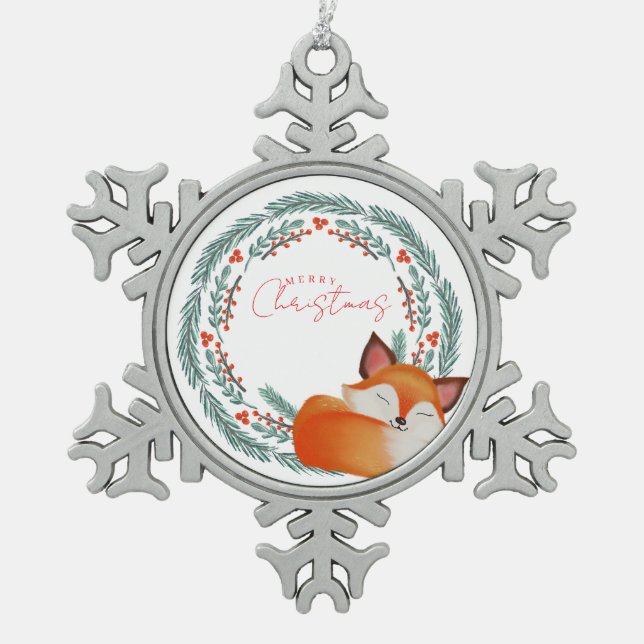 Cute Sleeping Fox Christmas Schneeflocken Zinn-Ornament (Vorderseite)