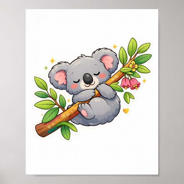 Cute Sleeping Koala on Eucalyptus Branch Kawaii Poster (Vorne)