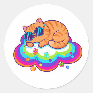 Cute Sleeping Orange Cat on Rainbow Cloud with Sta Runder Aufkleber