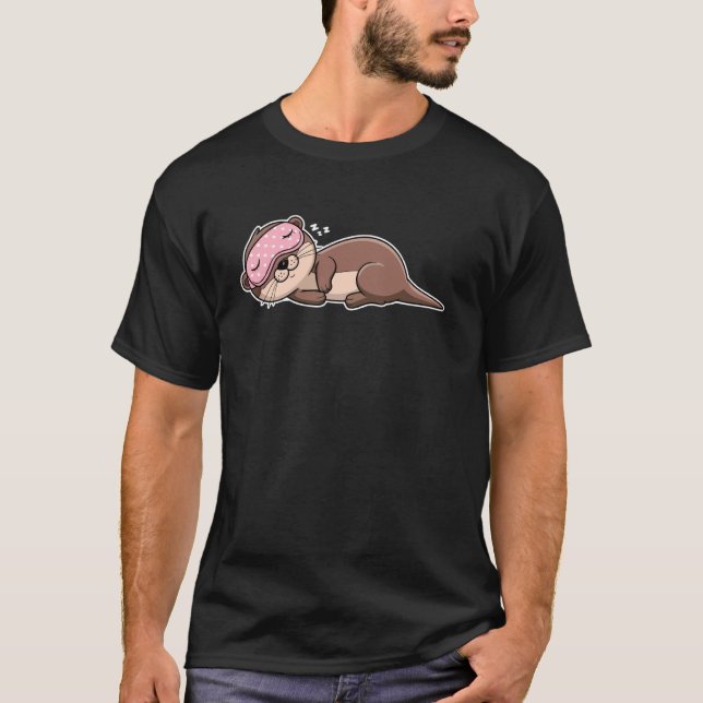 Cute Sleeping Otter with Pink Eye Mask Cartoon Des T-Shirt (Vorderseite)