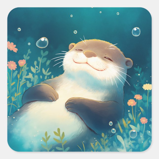 Cute Sleeping Sea Otter Underwater with Bubbles Quadratischer Aufkleber (Vorderseite)