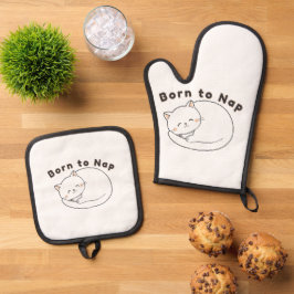 Cute Sleepy Cat “Born to Nap” Line Art Design Ofenhandschuh & Topflappen-Set