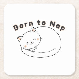 Cute Sleepy Cat “Born to Nap” Line Art Design Rechteckiger Pappuntersetzer