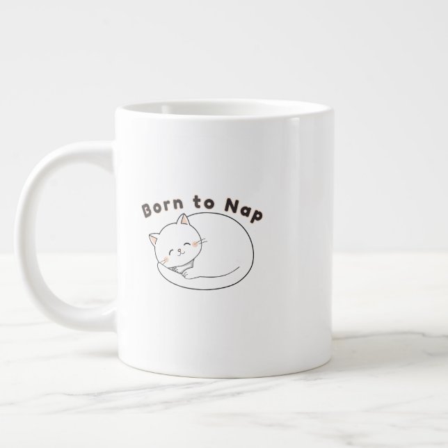 Cute Sleepy Cat “Nap First” Line Art Design Jumbo-Tasse (Links)