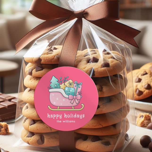 Cute Sleigh with Goodies Happy Holidays Pink  Runder Aufkleber (Von Creator hochgeladen)