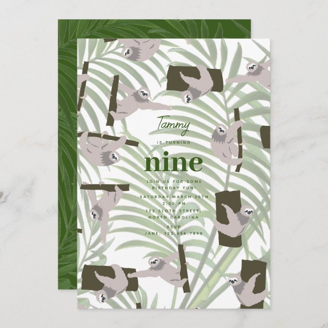 Cute Sloth Animal in Wild Forest Birthday Party Einladung (Vorne/Hinten)