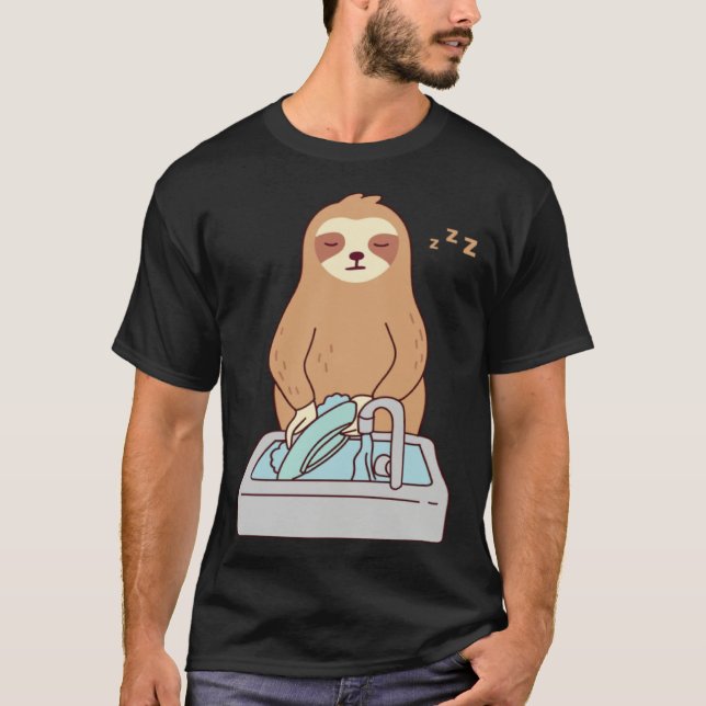 Cute Sloth Dishwashing Sleeping Tired Lazy T-Shirt (Vorderseite)