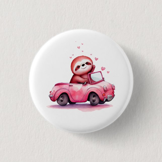 Cute Sloth Driving a Pink Convertible Button (Vorderseite)