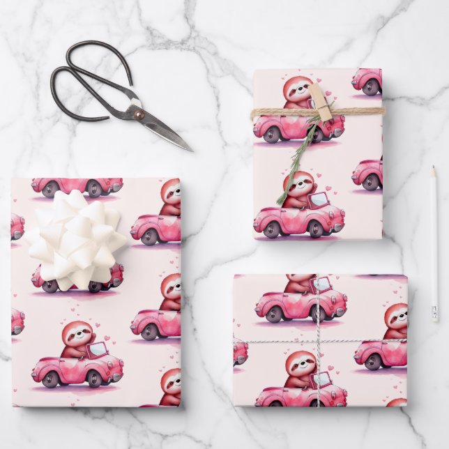 Cute Sloth Driving a Pink Convertible Pattern Geschenkpapier Set (Vorderseite)