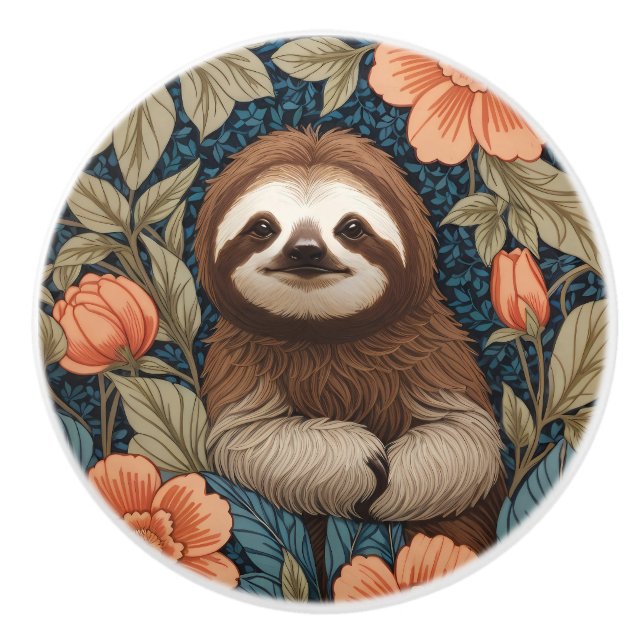Cute Sloth Elegant Floral William Morris Inspired Keramikknauf (Vorderseite)