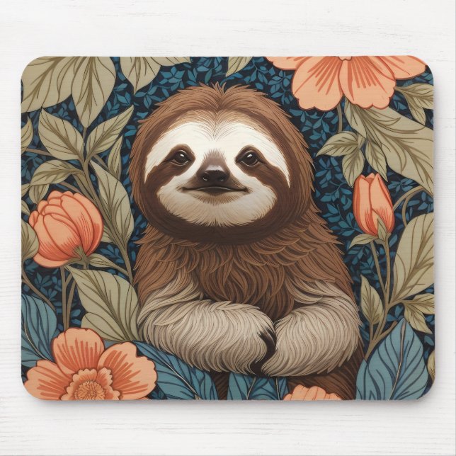 Cute Sloth Elegant Floral William Morris Inspired Mousepad (Vorne)