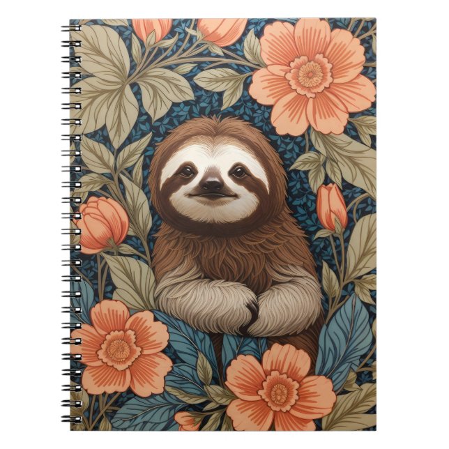 Cute Sloth Elegant Floral William Morris Inspired Notizblock (Vorderseite)