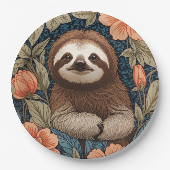 Cute Sloth Elegant Floral William Morris Inspired Pappteller (Vorderseite)