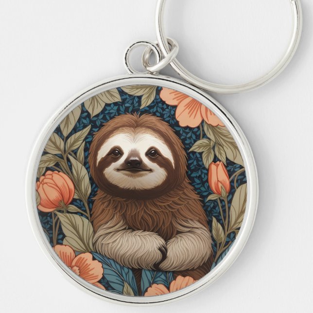 Cute Sloth Elegant Floral William Morris Inspired Schlüsselanhänger (Vorne)