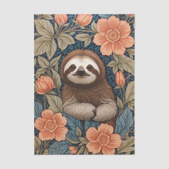 Cute Sloth Elegant Floral William Morris Inspired Seidenpapier (Vorderseite)